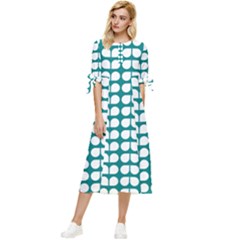 Teal And White Leaf Pattern Bow Sleeve Chiffon Midi Dress by GardenOfOphir