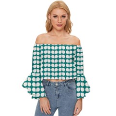 Teal And White Leaf Pattern Off Shoulder Flutter Bell Sleeve Top by GardenOfOphir