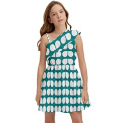 Teal And White Leaf Pattern Kids  One Shoulder Party Dress by GardenOfOphir