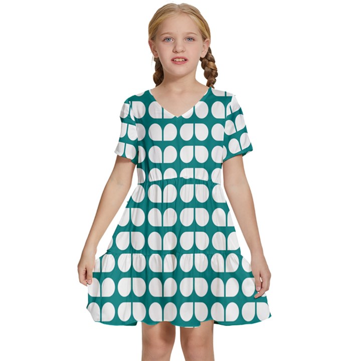 Teal And White Leaf Pattern Kids  Short Sleeve Tiered Mini Dress