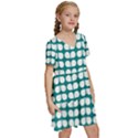 Teal And White Leaf Pattern Kids  Short Sleeve Tiered Mini Dress View3