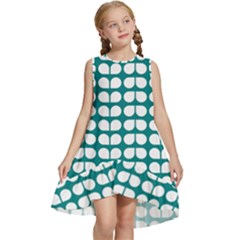 Teal And White Leaf Pattern Kids  Frill Swing Dress by GardenOfOphir