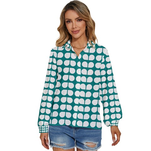 Teal And White Leaf Pattern Women s Long Sleeve Button Down Shirt by GardenOfOphir