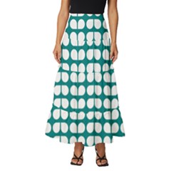 Teal And White Leaf Pattern Tiered Ruffle Maxi Skirt by GardenOfOphir