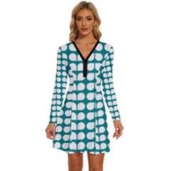 Teal And White Leaf Pattern Long Sleeve Deep V Mini Dress  by GardenOfOphir