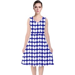 Blue And White Leaf Pattern V-neck Midi Sleeveless Dress  by GardenOfOphir