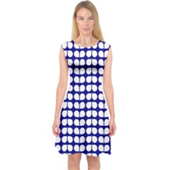 Blue And White Leaf Pattern Capsleeve Midi Dress by GardenOfOphir