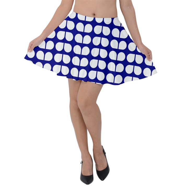 Blue And White Leaf Pattern Velvet Skater Skirt