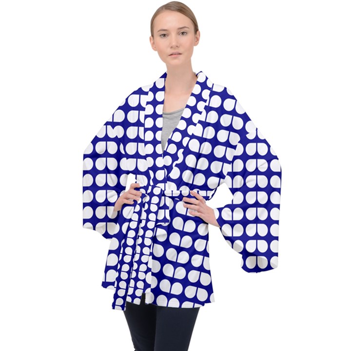 Blue And White Leaf Pattern Long Sleeve Velvet Kimono 