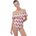 Modern Retro Chevron Patchwork Pattern Frill Detail One Piece Swimsuit View1