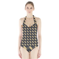 Modern Retro Chevron Patchwork Pattern Halter Swimsuit by GardenOfOphir