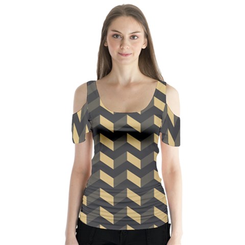 Modern Retro Chevron Patchwork Pattern Butterfly Sleeve Cutout Tee  by GardenOfOphir