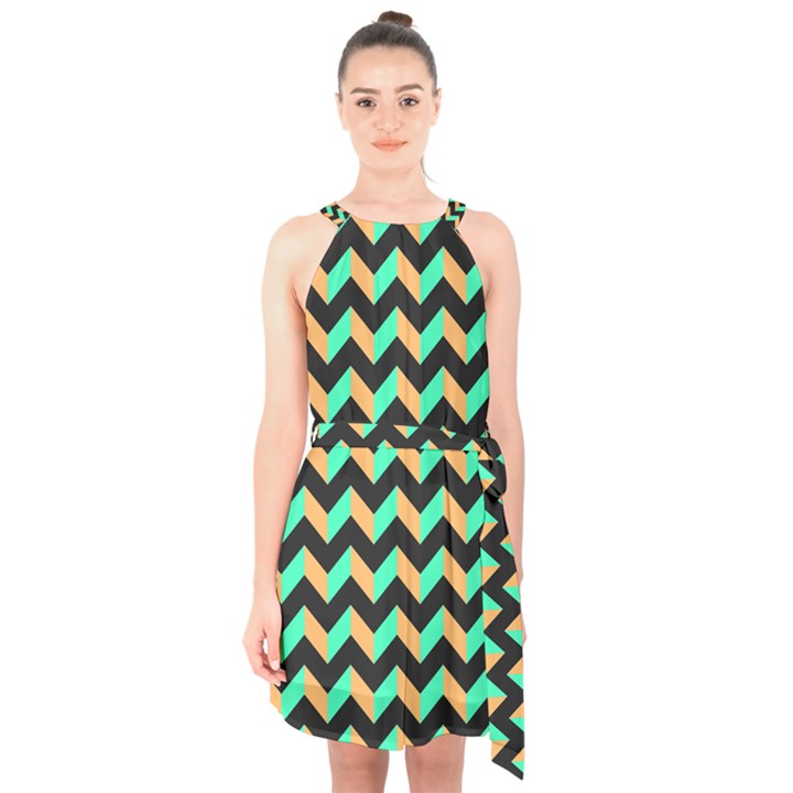 Modern Retro Chevron Patchwork Pattern Halter Collar Waist Tie Chiffon Dress