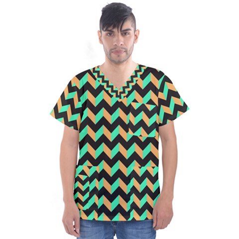 Modern Retro Chevron Patchwork Pattern Men s V-neck Scrub Top by GardenOfOphir