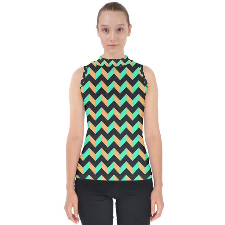 Modern Retro Chevron Patchwork Pattern Mock Neck Shell Top