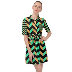 Modern Retro Chevron Patchwork Pattern Belted Shirt Dress by GardenOfOphir