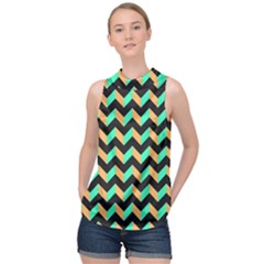 Modern Retro Chevron Patchwork Pattern High Neck Satin Top by GardenOfOphir