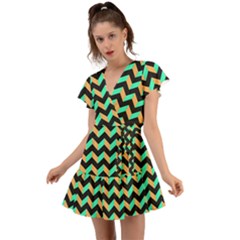 Modern Retro Chevron Patchwork Pattern Flutter Sleeve Wrap Dress by GardenOfOphir