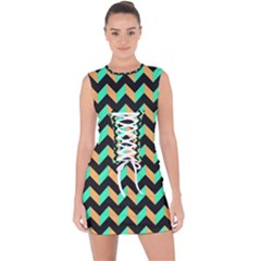 Modern Retro Chevron Patchwork Pattern Lace Up Front Bodycon Dress by GardenOfOphir