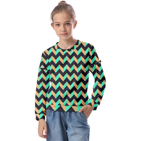 Modern Retro Chevron Patchwork Pattern Kids  Long Sleeve Tee With Frill  by GardenOfOphir