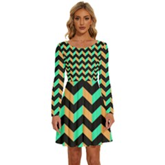 Modern Retro Chevron Patchwork Pattern Long Sleeve Wide Neck Velvet Dress by GardenOfOphir