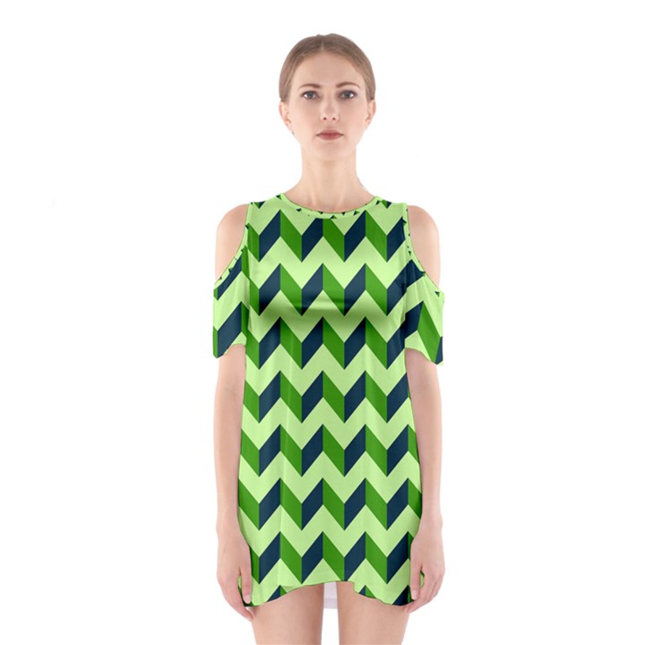 Modern Retro Chevron Patchwork Pattern Shoulder Cutout One Piece Dress