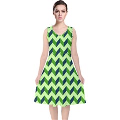 Modern Retro Chevron Patchwork Pattern V-neck Midi Sleeveless Dress  by GardenOfOphir