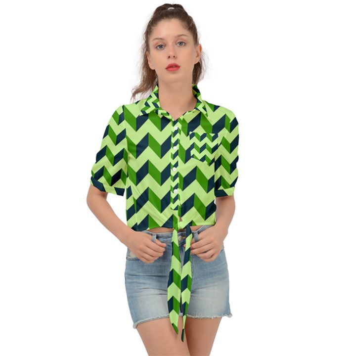 Modern Retro Chevron Patchwork Pattern Tie Front Shirt 