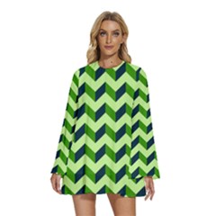 Modern Retro Chevron Patchwork Pattern Round Neck Long Sleeve Bohemian Style Chiffon Mini Dress