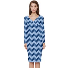 Modern Retro Chevron Patchwork Pattern Long Sleeve V-neck Bodycon Dress  by GardenOfOphir