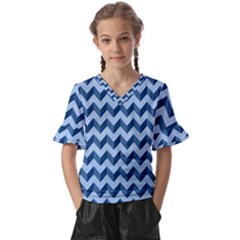 Modern Retro Chevron Patchwork Pattern Kids  V-neck Horn Sleeve Blouse by GardenOfOphir