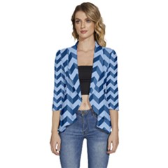 Modern Retro Chevron Patchwork Pattern Women s 3/4 Sleeve Ruffle Edge Open Front Jacket by GardenOfOphir