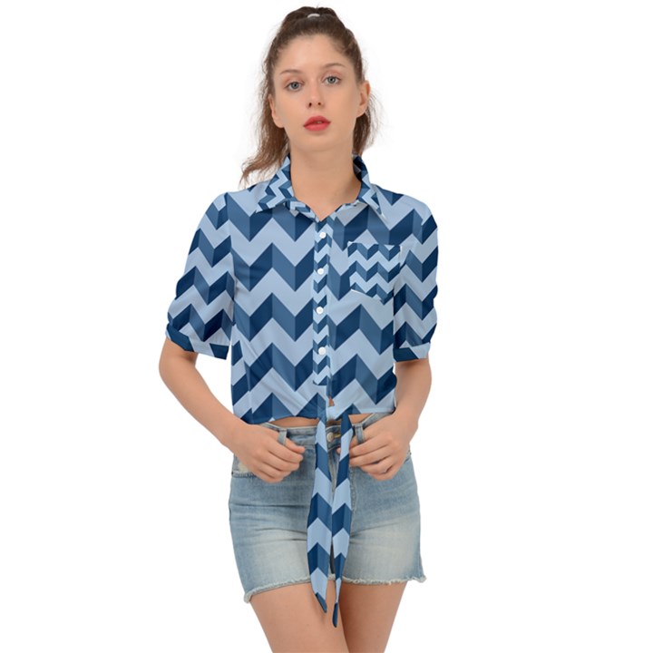 Modern Retro Chevron Patchwork Pattern Tie Front Shirt 