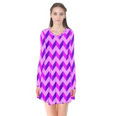 Modern Retro Chevron Patchwork Pattern Long Sleeve V-neck Flare Dress by GardenOfOphir