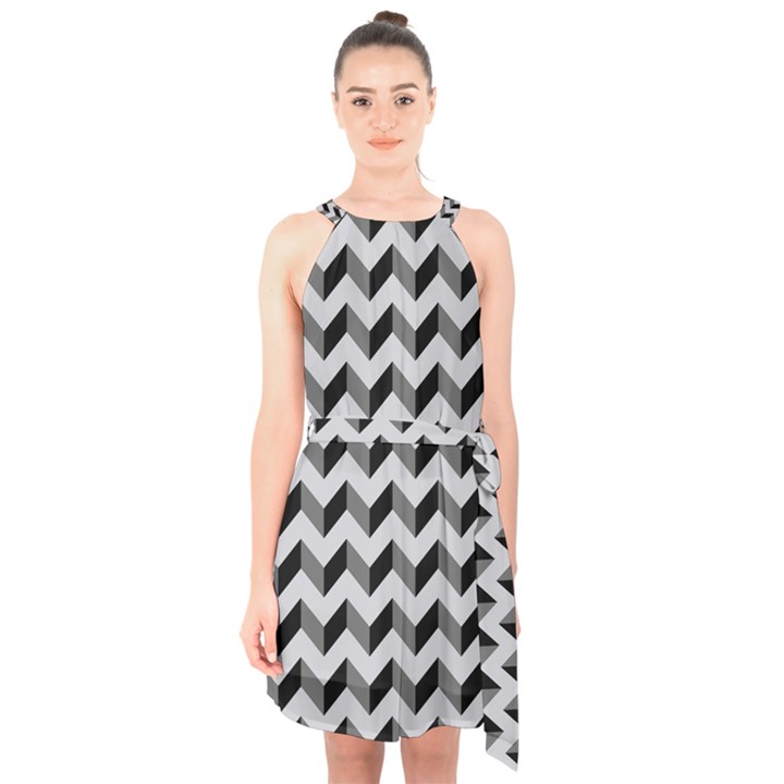 Modern Retro Chevron Patchwork Pattern Halter Collar Waist Tie Chiffon Dress