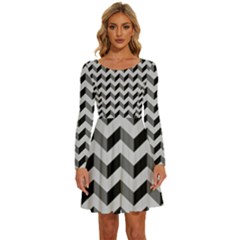 Modern Retro Chevron Patchwork Pattern Long Sleeve Wide Neck Velvet Dress by GardenOfOphir