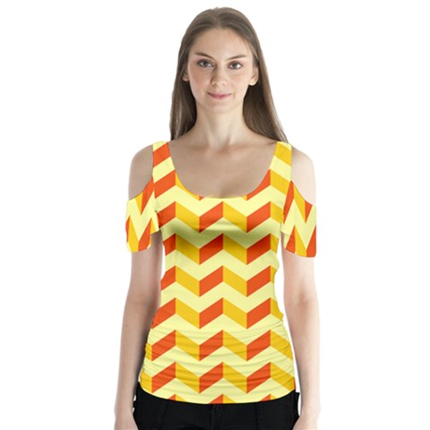 Modern Retro Chevron Patchwork Pattern Butterfly Sleeve Cutout Tee  by GardenOfOphir