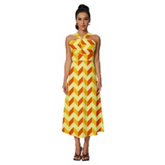 Modern Retro Chevron Patchwork Pattern Sleeveless Cross Front Cocktail Midi Chiffon Dress by GardenOfOphir