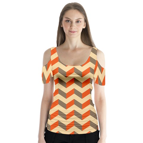 Modern Retro Chevron Patchwork Pattern Butterfly Sleeve Cutout Tee  by GardenOfOphir