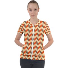 Modern Retro Chevron Patchwork Pattern Short Sleeve Zip Up Jacket by GardenOfOphir