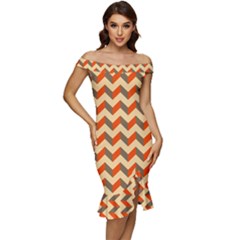 Modern Retro Chevron Patchwork Pattern Off Shoulder Ruffle Split Hem Bodycon Dress by GardenOfOphir