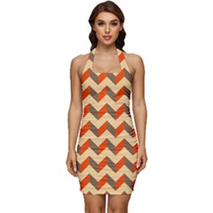 Modern Retro Chevron Patchwork Pattern Sleeveless Wide Square Neckline Ruched Bodycon Dress