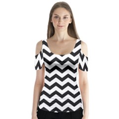 Black And White Chevron Butterfly Sleeve Cutout Tee 