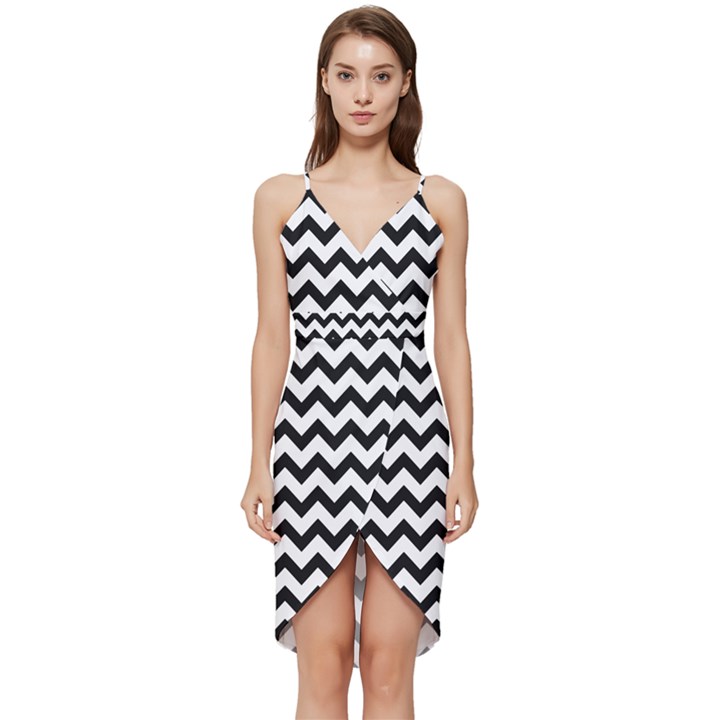 Black And White Chevron Wrap Frill Dress