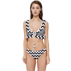 Black And White Chevron Low Cut Ruffle Edge Bikini Set by GardenOfOphir