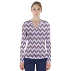 Beige Chevron Pattern Gifts V-neck Long Sleeve Top by GardenOfOphir