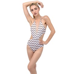 Beige Chevron Pattern Gifts Plunging Cut Out Swimsuit by GardenOfOphir