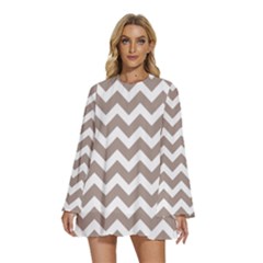 Beige Chevron Pattern Gifts Round Neck Long Sleeve Bohemian Style Chiffon Mini Dress