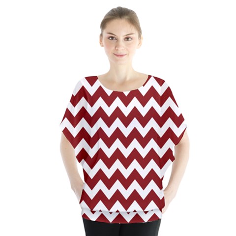 Red Chevron Pattern Gifts Batwing Chiffon Blouse by GardenOfOphir