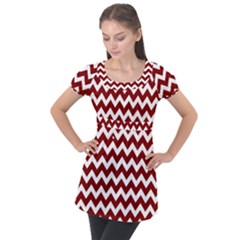 Red Chevron Pattern Gifts Puff Sleeve Tunic Top by GardenOfOphir